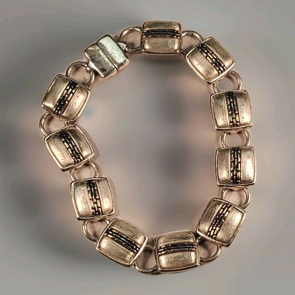 Two Tone Modernist. Bracelet Pillow Link Chunky Magnetic Closure Signed